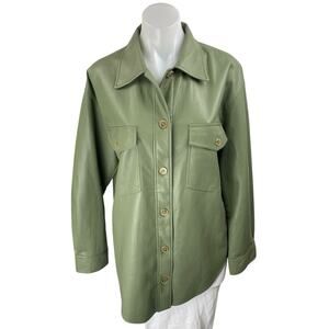 Aritzia Wilfred Ganna Green Faux Leather Button Down Long Sleeve Shirt Jacket M